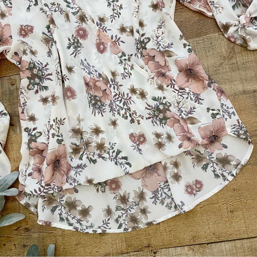 Floral Blouse, Wrap Style, Flowy, 3/4 Length Sleeves, Longer in Back - Picture 6 of 11